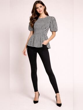 NWT GRACIA Houndstooth Puff Sleeve Textured Peplum Top, Size S